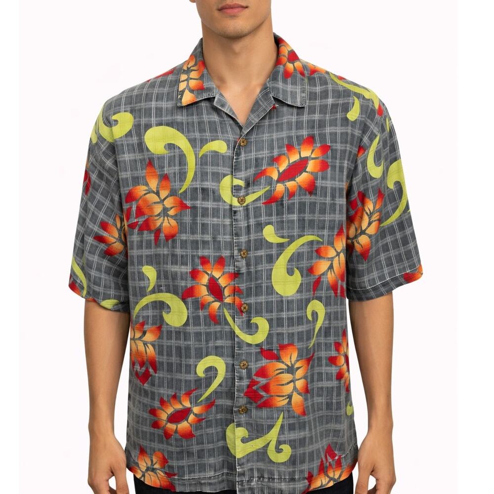 Tommy Bahama Silk Camp Shirt Gray Floral Plaid Check Hawaiian Tiki Aloha Men XL